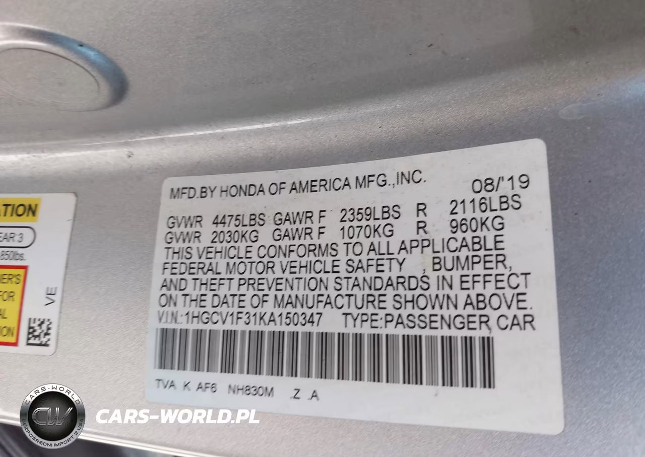 2019 Honda Accord Sport VIN:1HGCV1F31KA150347 - 9