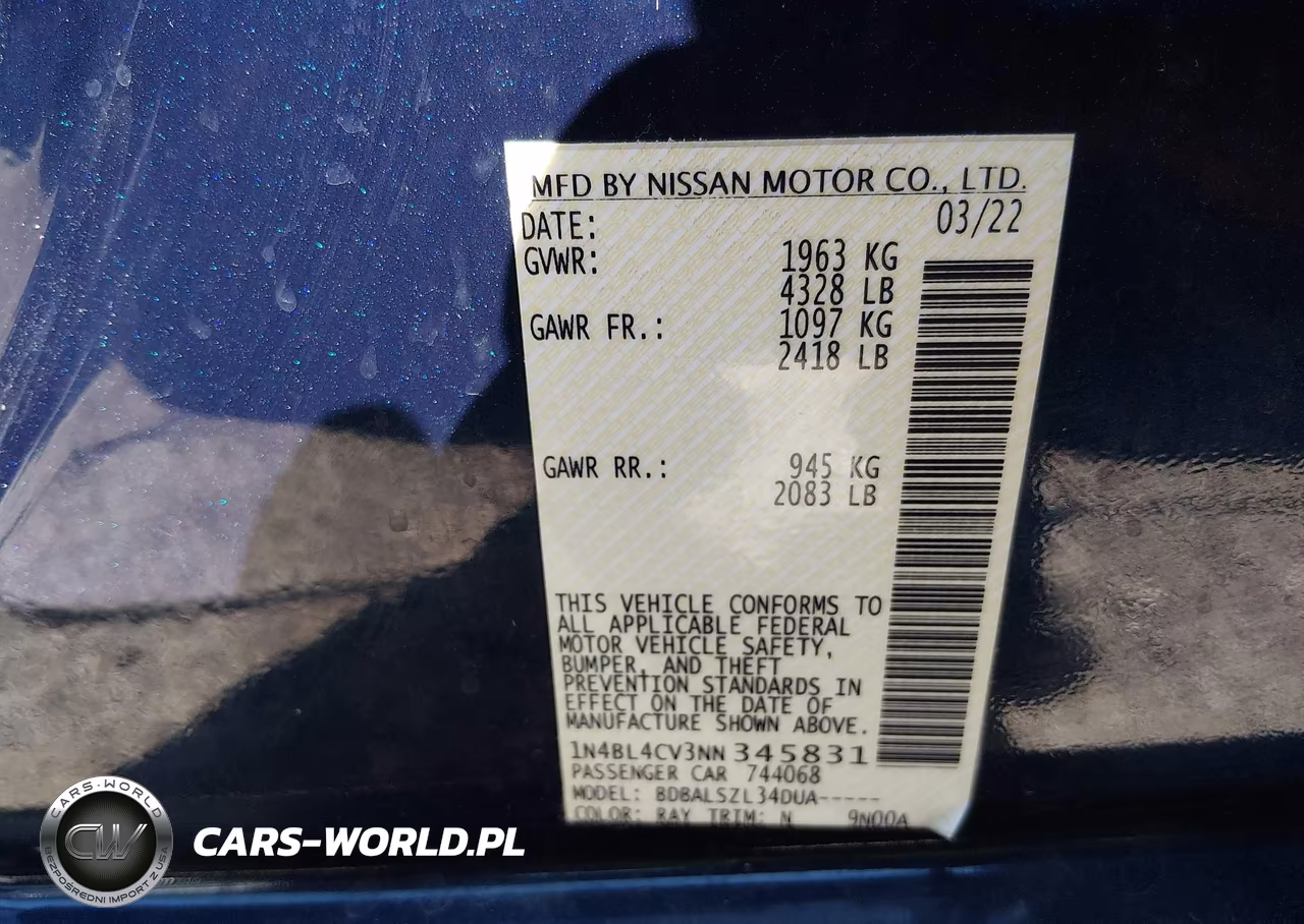 2022 Nissan Altima Sr Fwd VIN:1N4BL4CV3NN345831 - 9