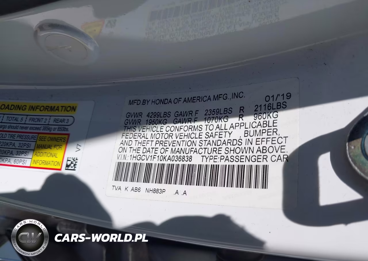 2019 Honda Accord Lx VIN:1HGCV1F10KA036838 - 9