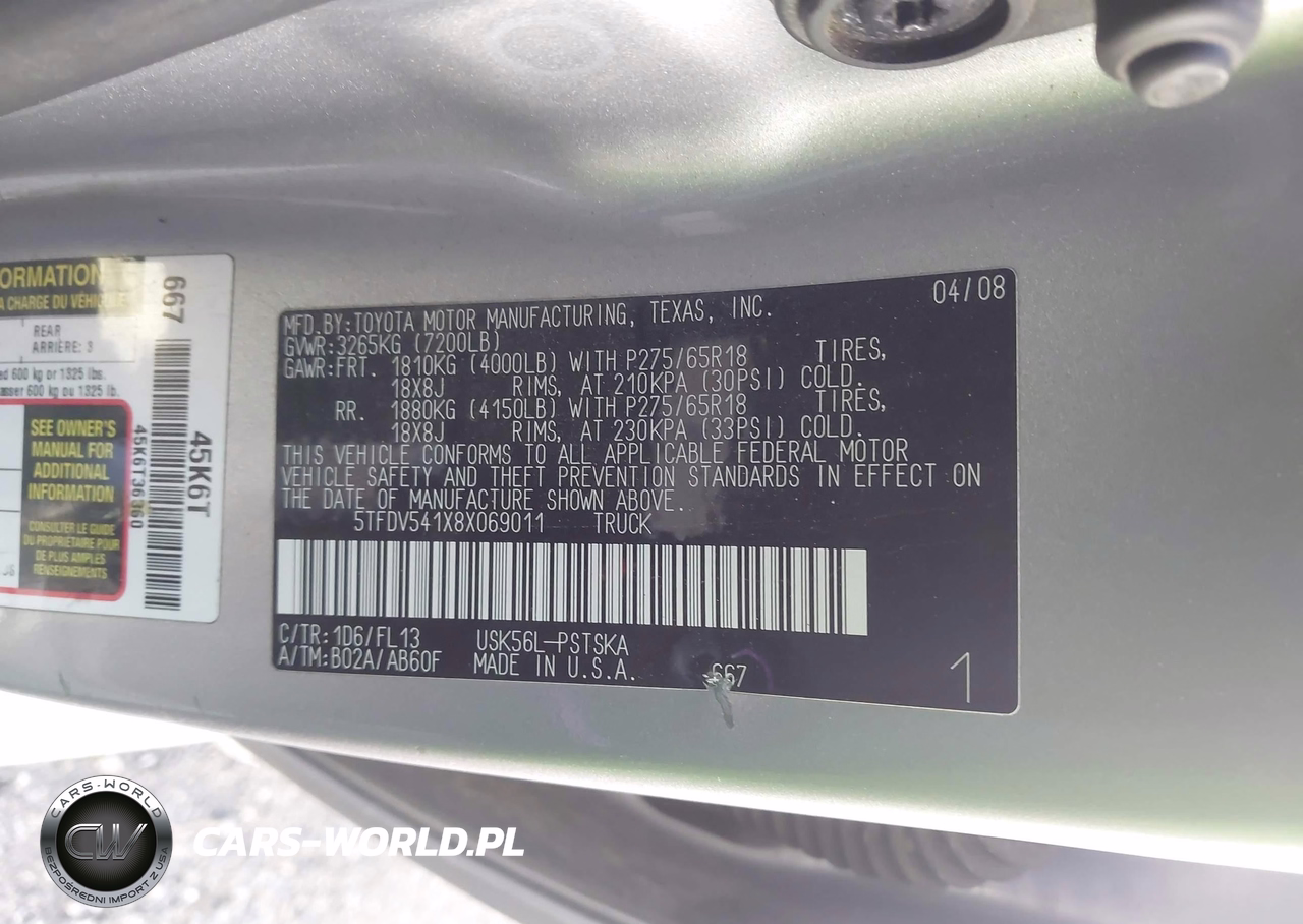 2008 Toyota Tundra Base 5.7L V8 VIN:5TFDV541X8X069011 - 9