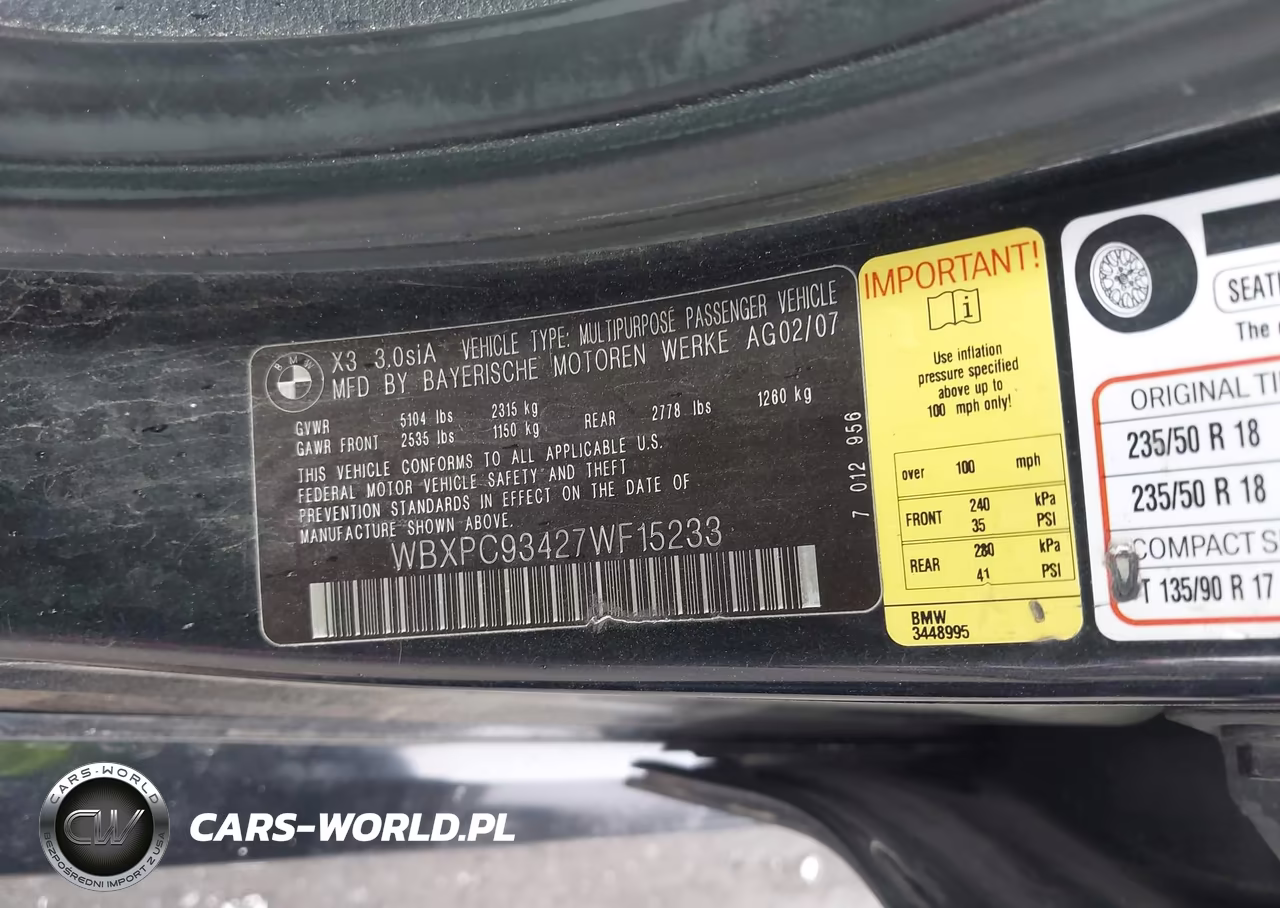 2007 BMW X3 3.0Si VIN:WBXPC93427WF15233 - 9
