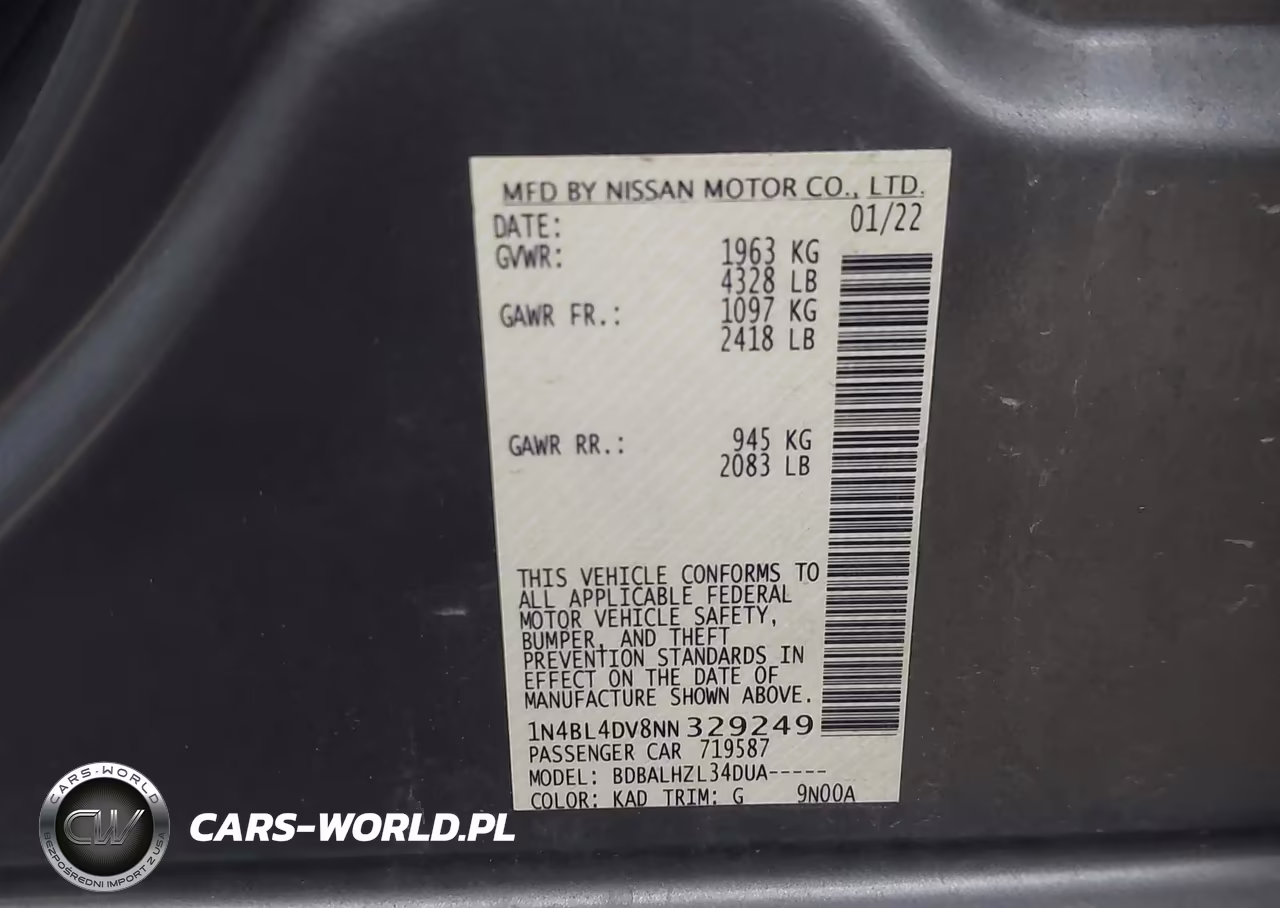 2022 Nissan Altima Sv Fwd VIN:1N4BL4DV8NN329249 - 9