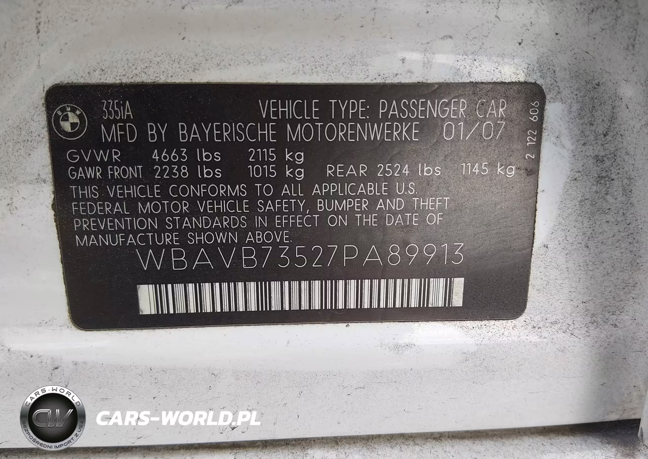 2007 BMW 335I VIN:WBAVB73527PA89913 - 9