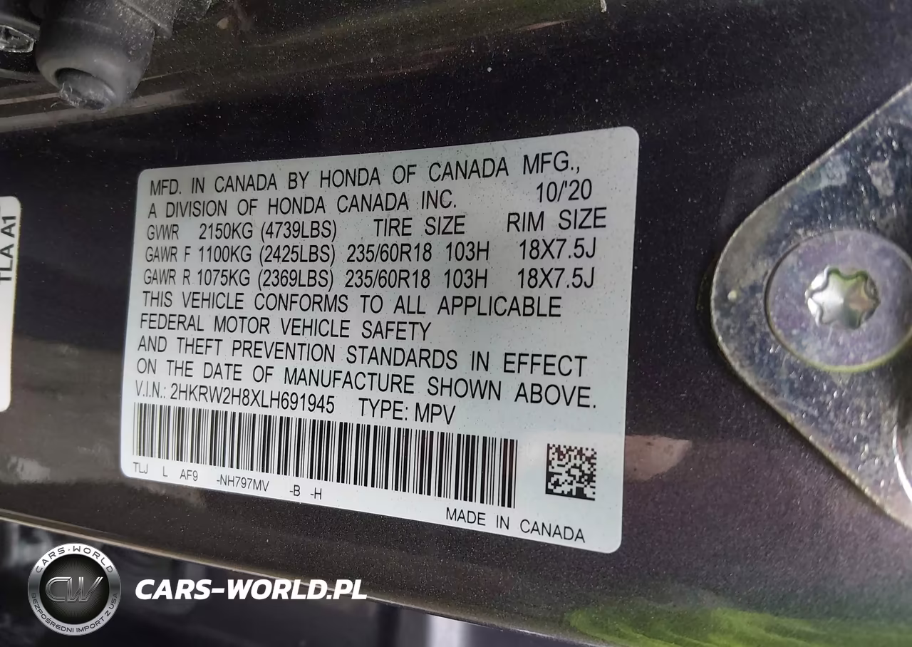2020 Honda Cr-V Awd Ex-L VIN:2HKRW2H8XLH691945 - 9