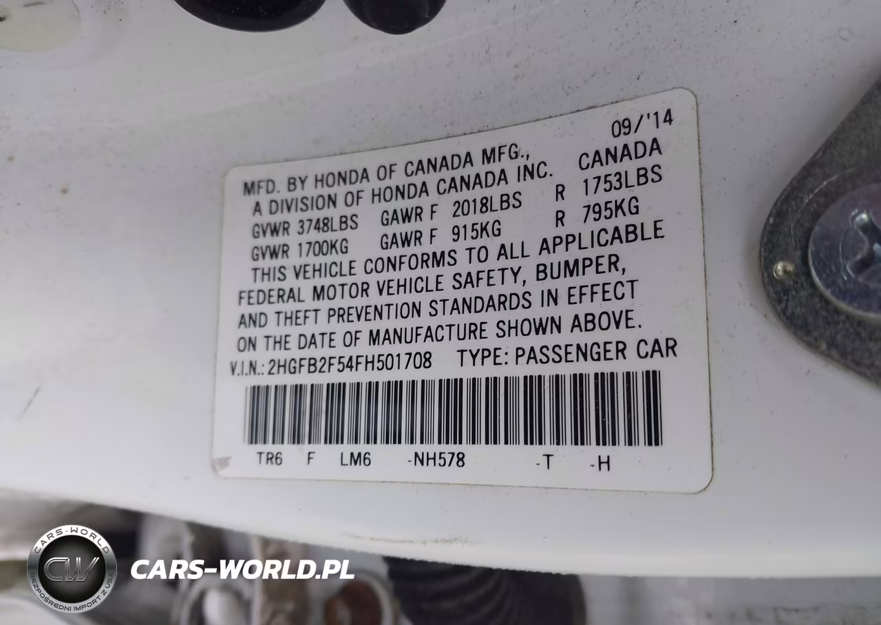 2015 Honda Civic Lx VIN:2HGFB2F54FH501708 - 9