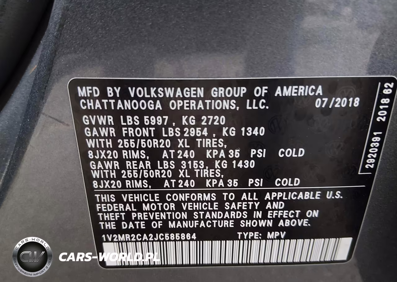 2018 Volkswagen Atlas 3.6L V6 Sel VIN:1V2MR2CA2JC585864 - 9