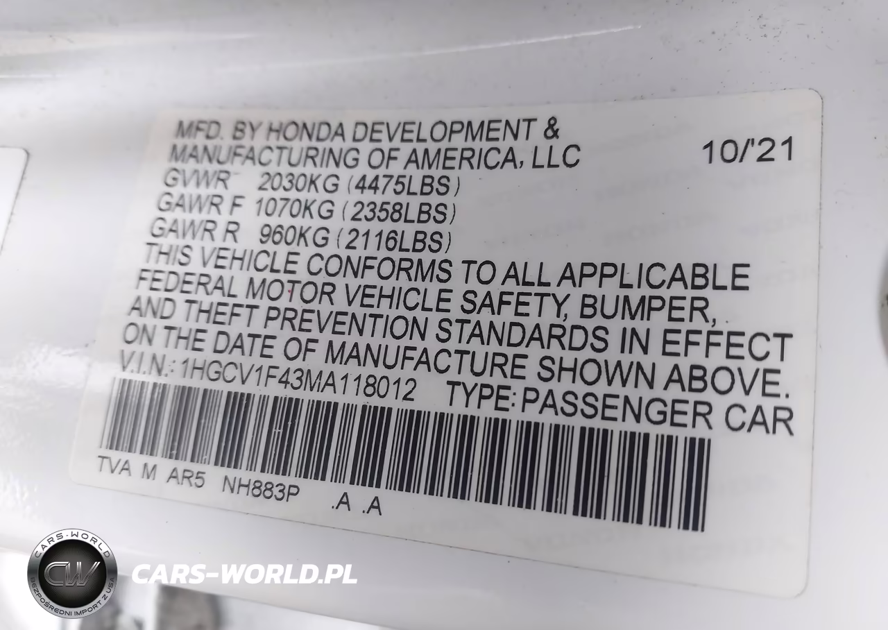 2021 Honda Accord Sport Special Edition VIN:1HGCV1F43MA118012 - 9