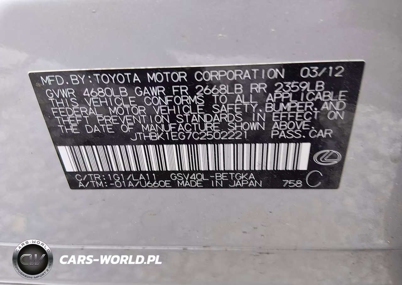 2012 Lexus Es 350 VIN:JTHBK1EG7C2502221 - 9