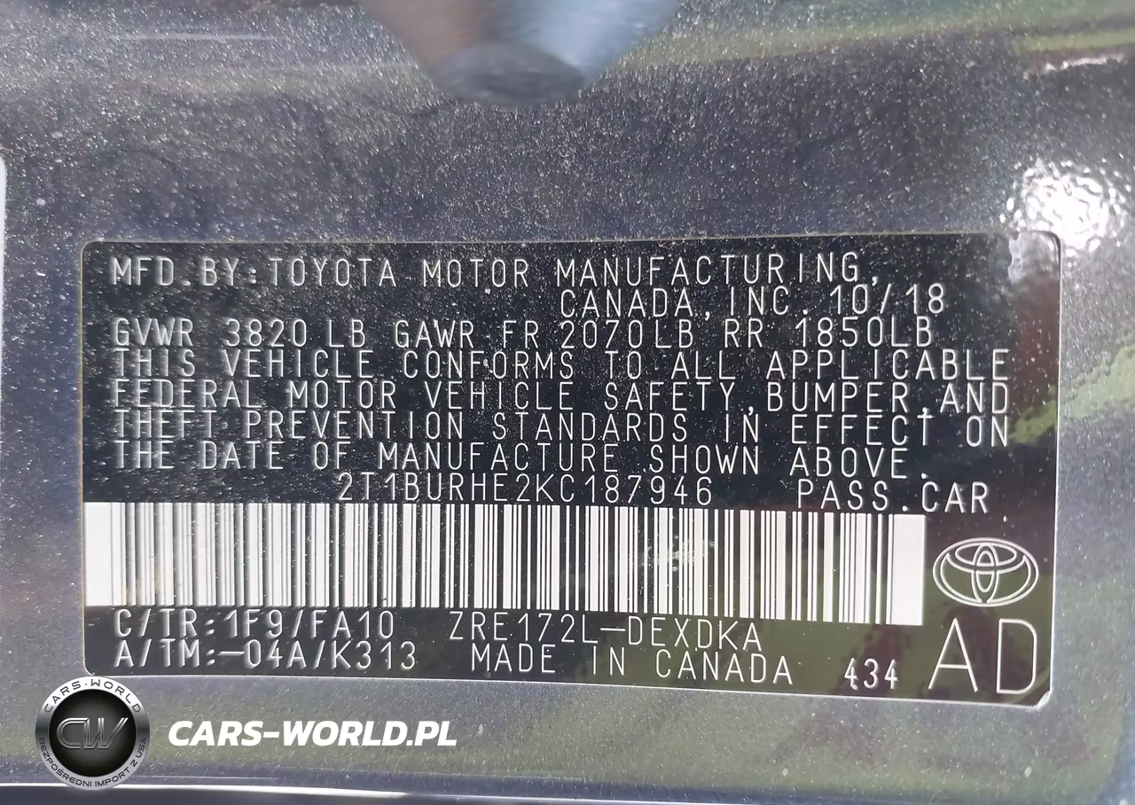 2019 Toyota Corolla L VIN:2T1BURHE2KC187946 - 9