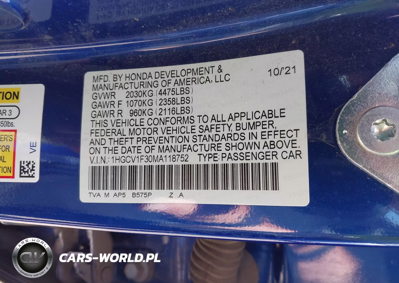 2021 Honda Accord Sport VIN:1HGCV1F30MA118752 - 9