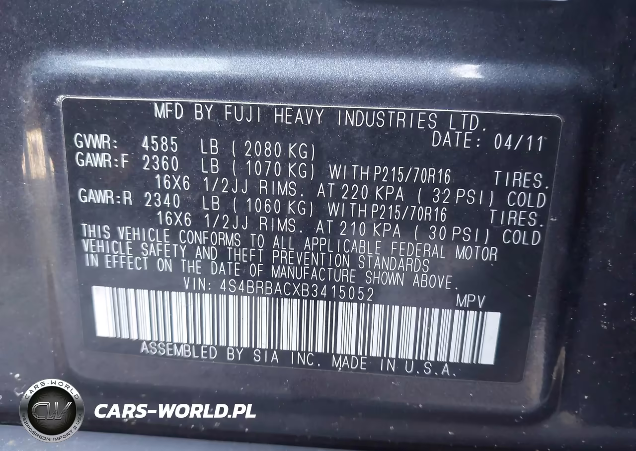 2011 Subaru Outback 2.5I VIN:4S4BRBACXB3415052 - 9