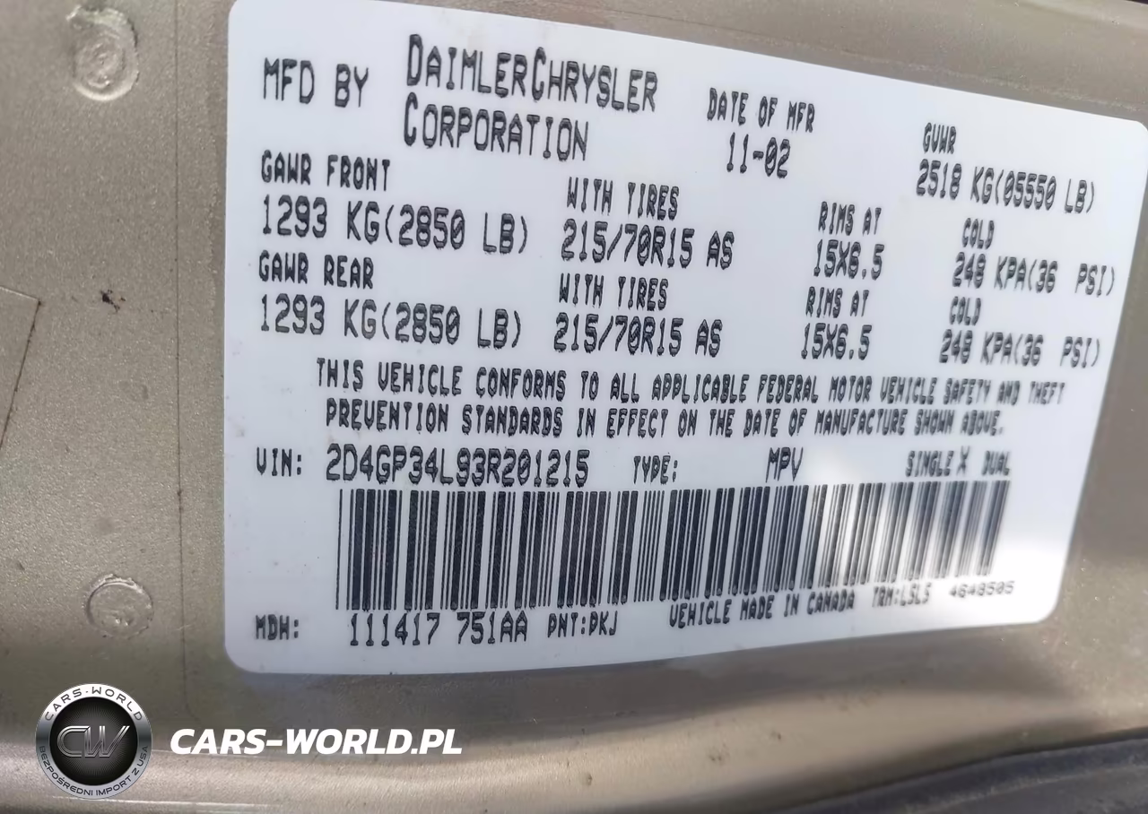 2003 Dodge Grand Caravan El VIN:2D4GP34L93R201215 - 9