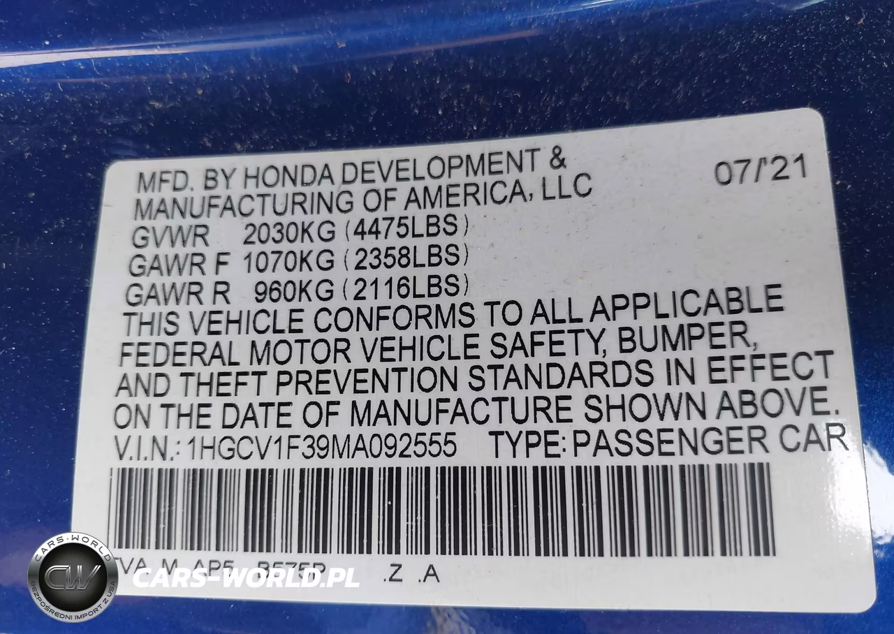 2021 Honda Accord Sport VIN:1HGCV1F39MA092555 - 9