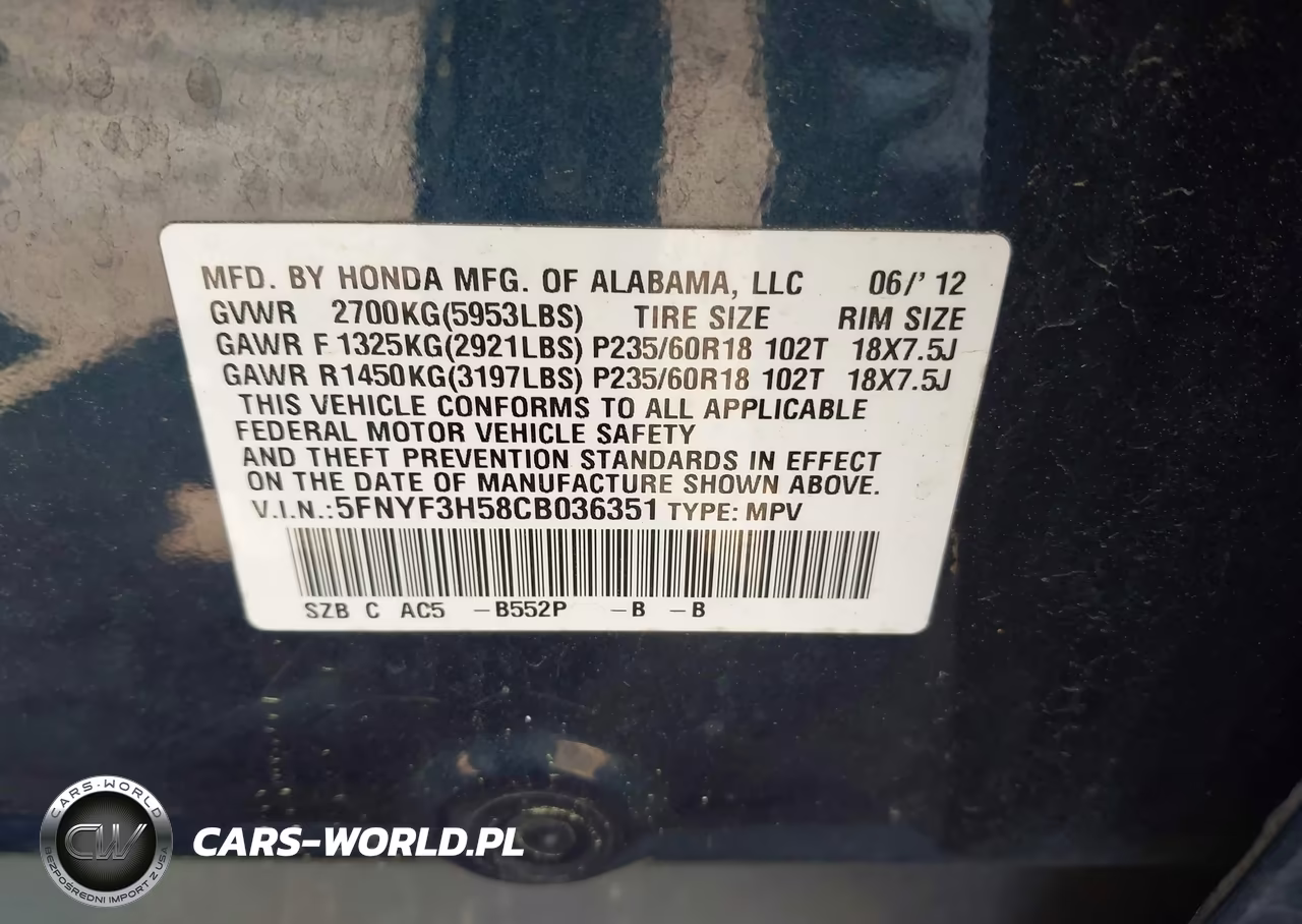 2012 Honda Pilot Ex-L VIN:5FNYF3H58CB036351 - 9