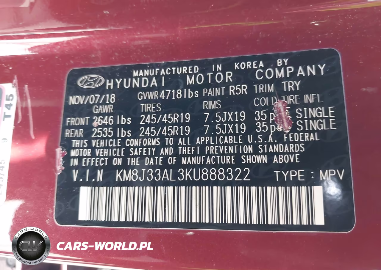 2019 Hyundai Tucson Sport VIN:KM8J33AL3KU888322 - 7