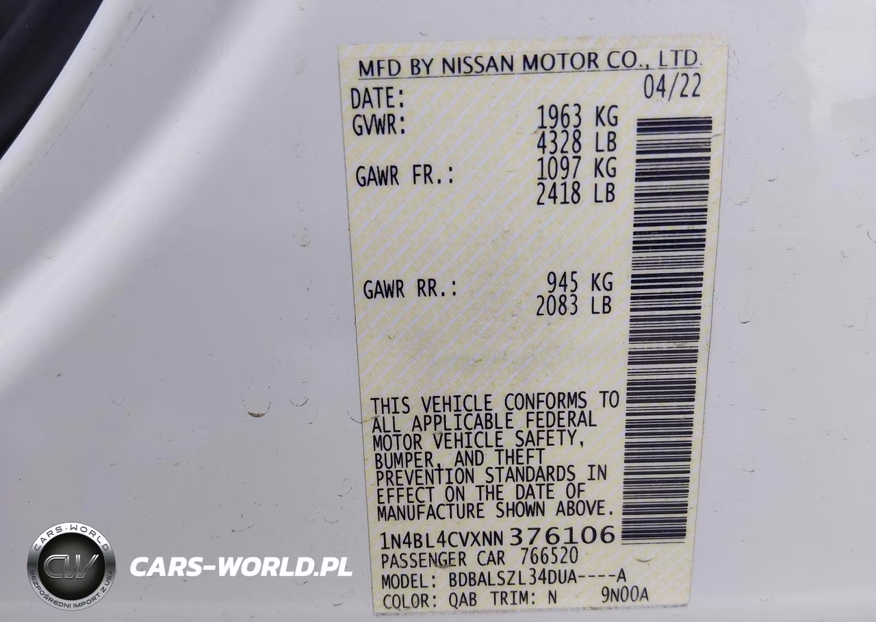 2022 Nissan Altima Sr Fwd VIN:1N4BL4CVXNN376106 - 9