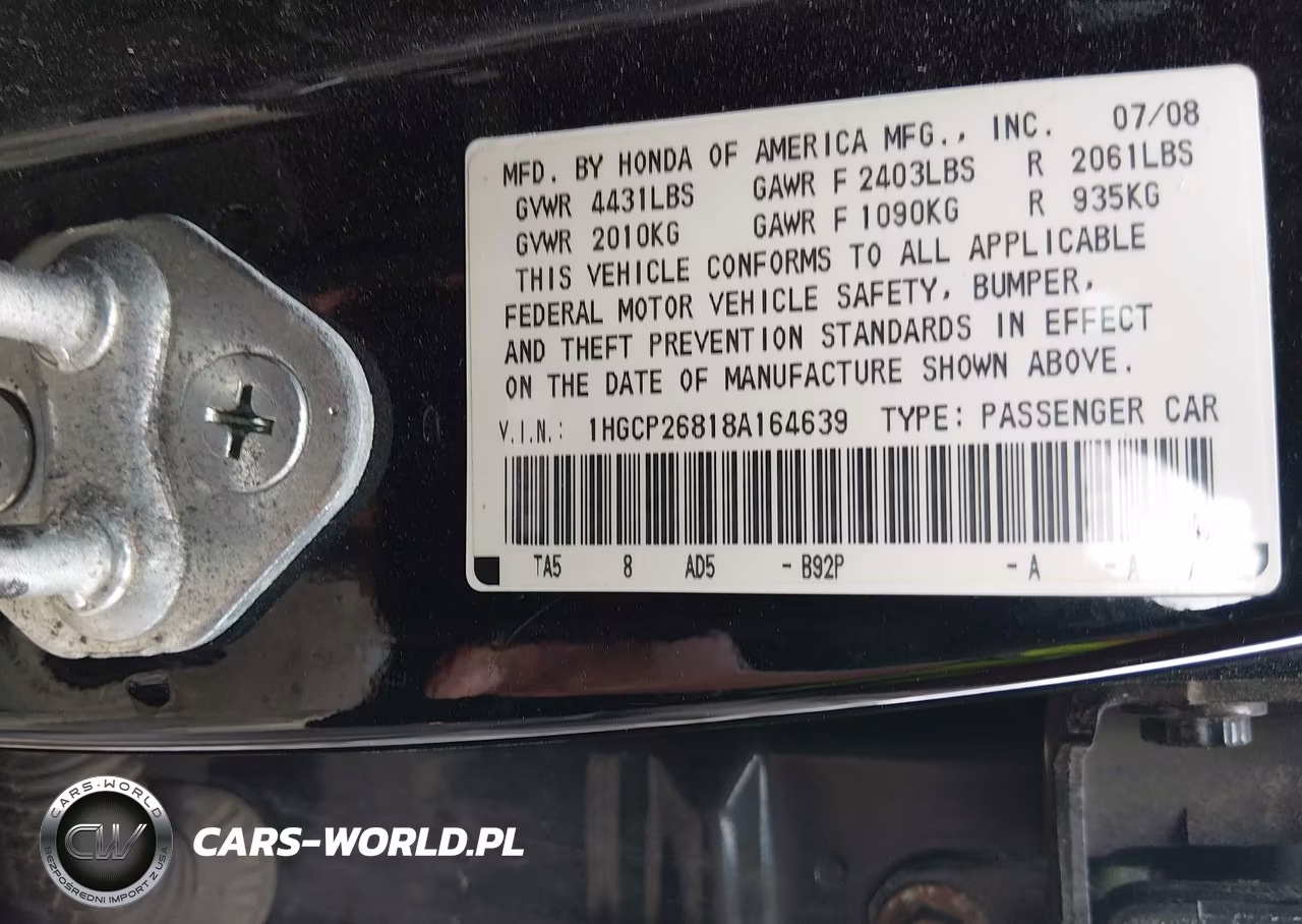 2008 Honda Accord 2.4 Ex-L VIN:1HGCP26818A164639 - 9