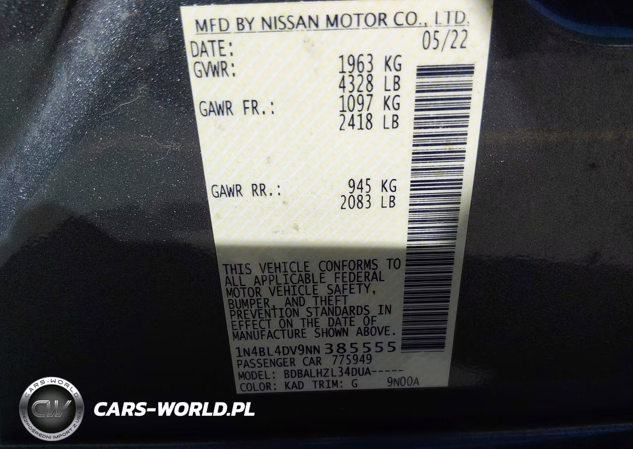 2022 Nissan Altima Sv Fwd VIN:1N4BL4DV9NN385555 - 9