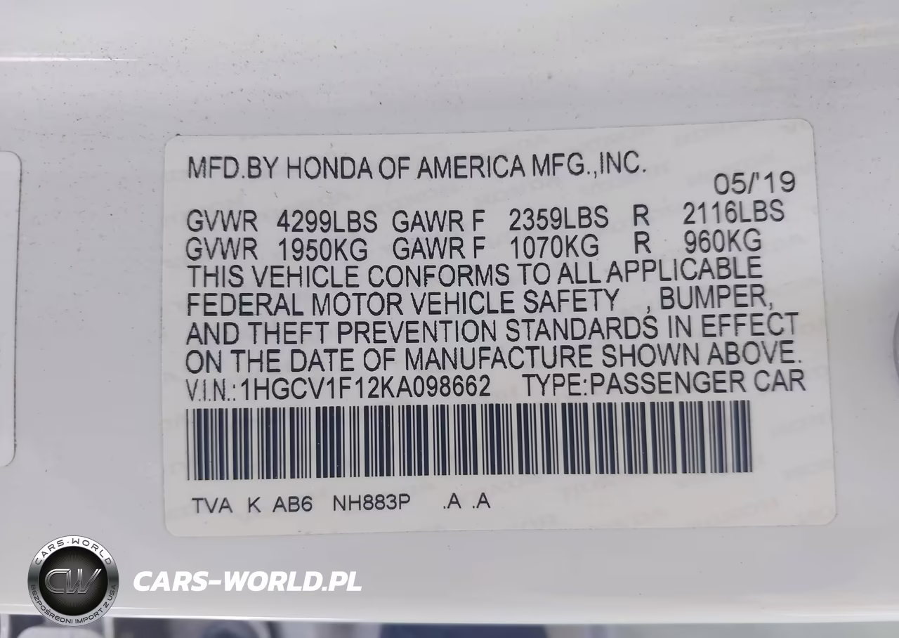 2019 Honda Accord Lx VIN:1HGCV1F12KA098662 - 9