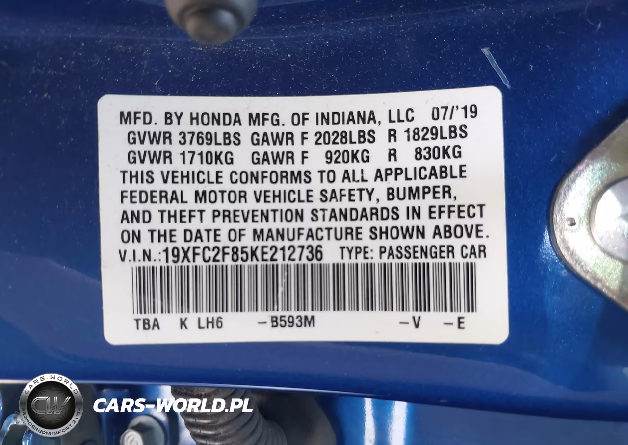 2019 Honda Civic Sport VIN:19XFC2F85KE212736 - 9