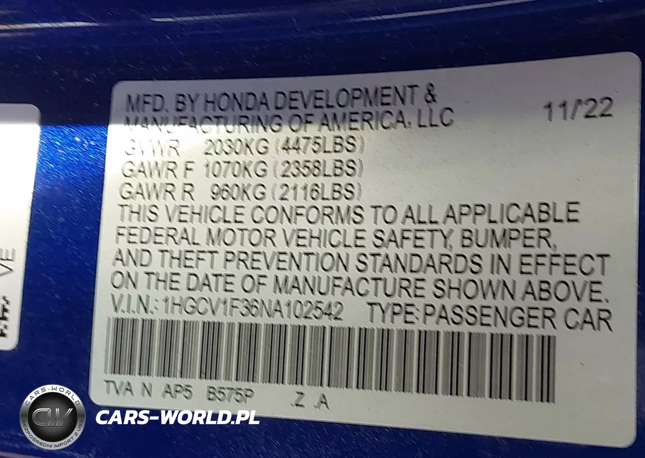 2022 Honda Accord Sport VIN:1HGCV1F36NA102542 - 9