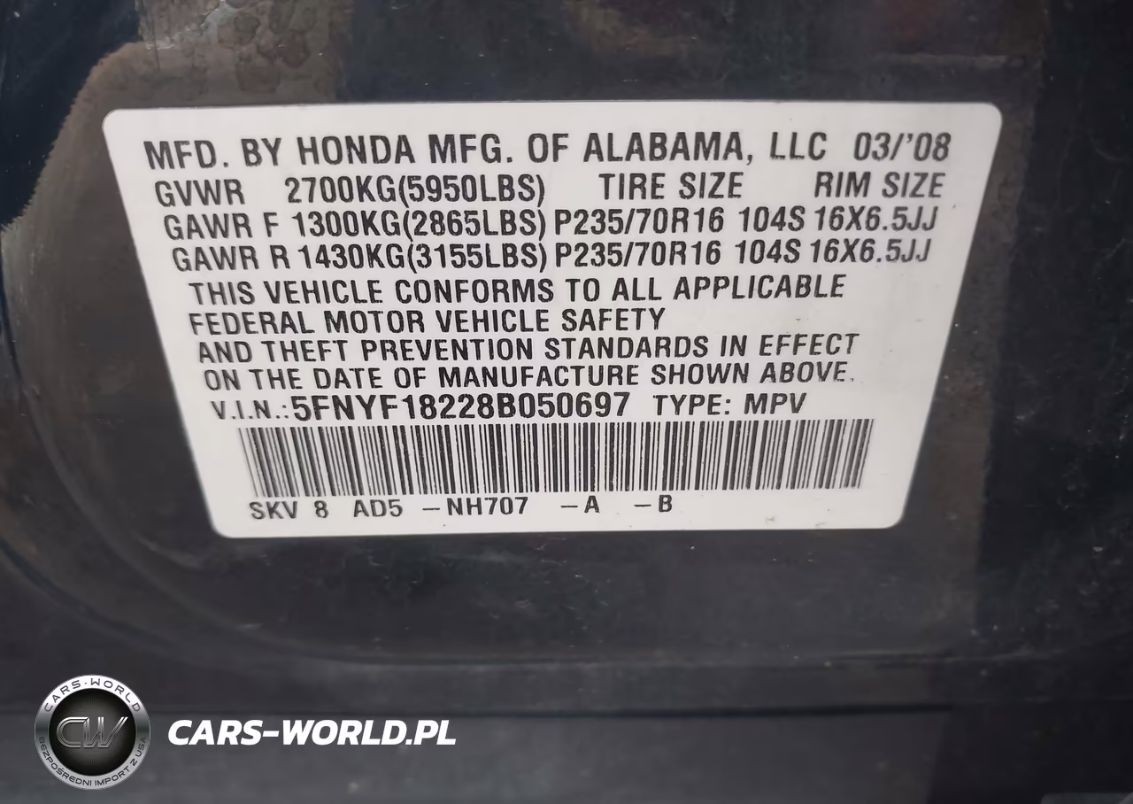 2008 Honda Pilot Vp VIN:5FNYF18228B050697 - 9