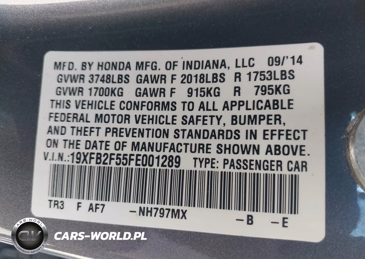 2015 Honda Civic Lx VIN:19XFB2F55FE001289 - 9