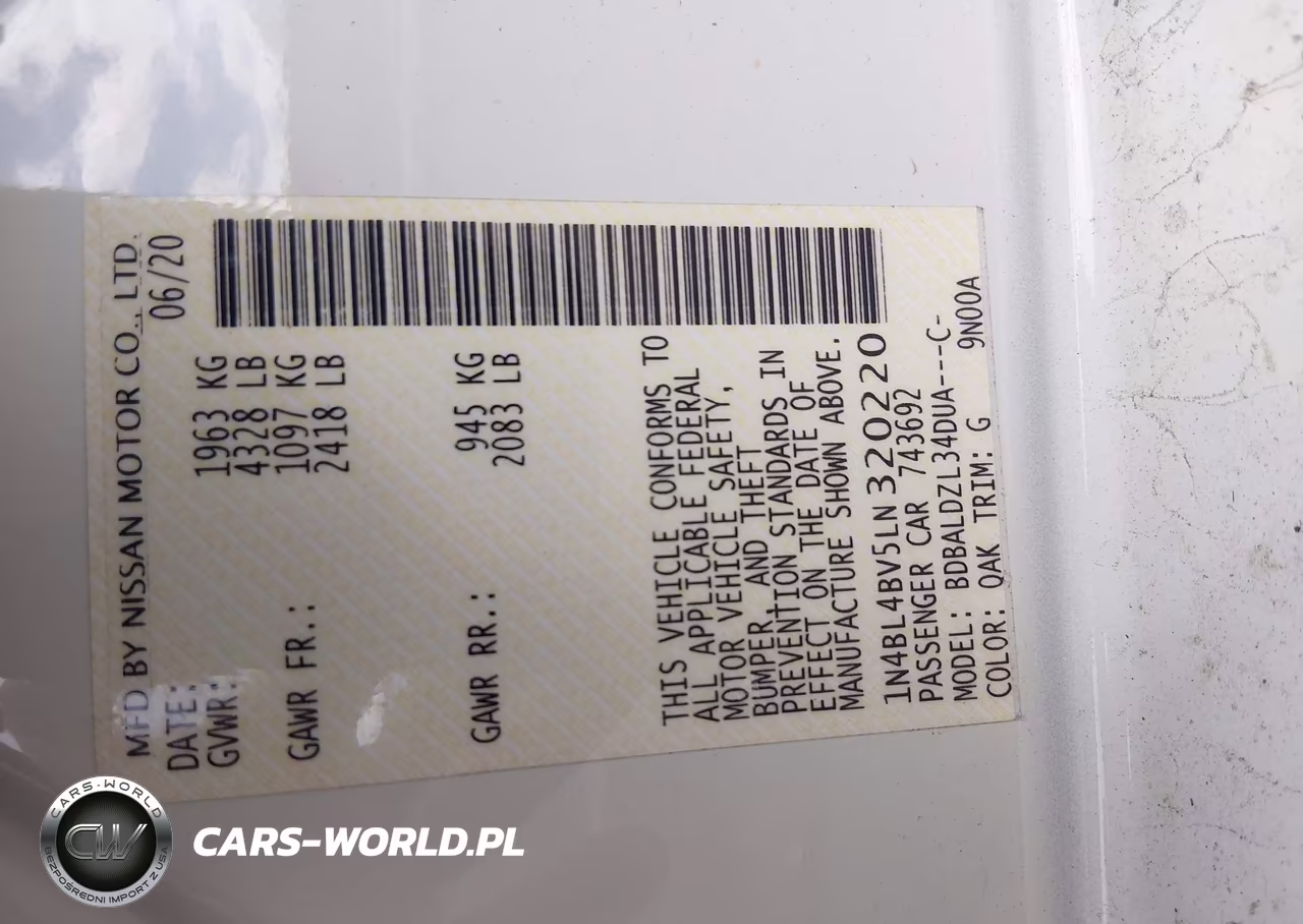 2020 Nissan Altima S Fwd VIN:1N4BL4BV5LN320220 - 9