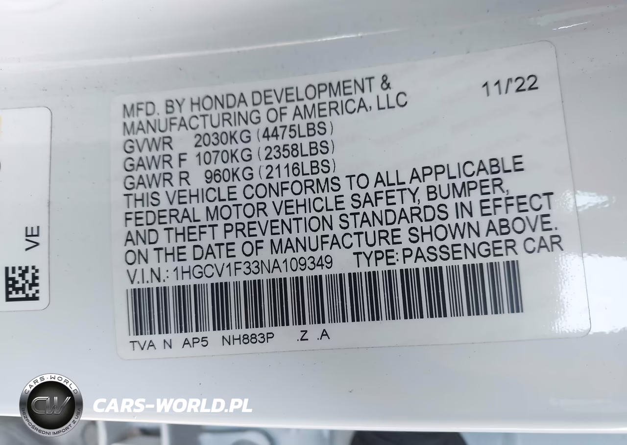 2022 Honda Accord Sport VIN:1HGCV1F33NA109349 - 9