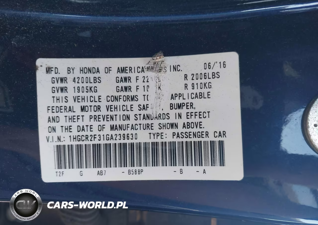 2016 Honda Accord Lx VIN:1HGCR2F31GA239630 - 9