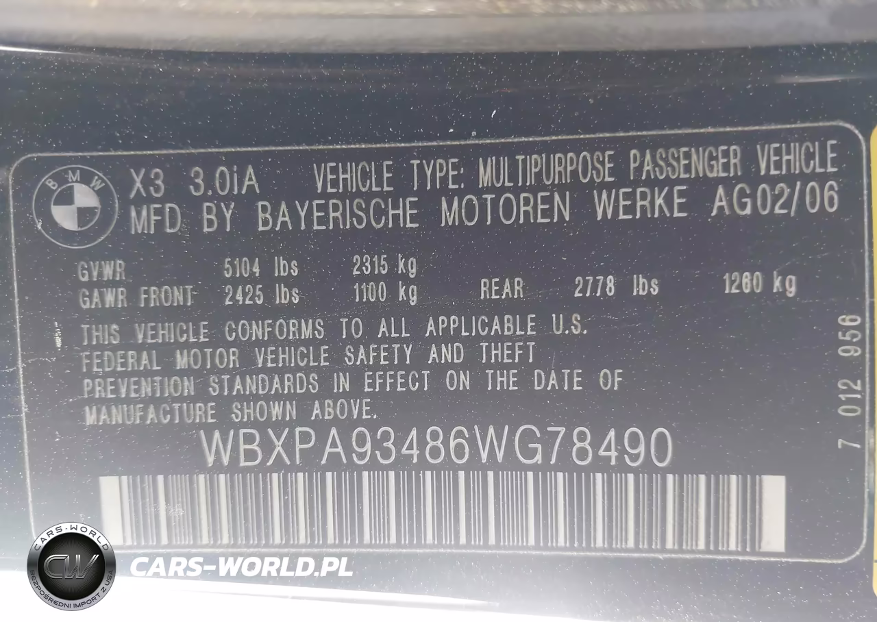2006 BMW X3 3.0I VIN:WBXPA93486WG78490 - 9