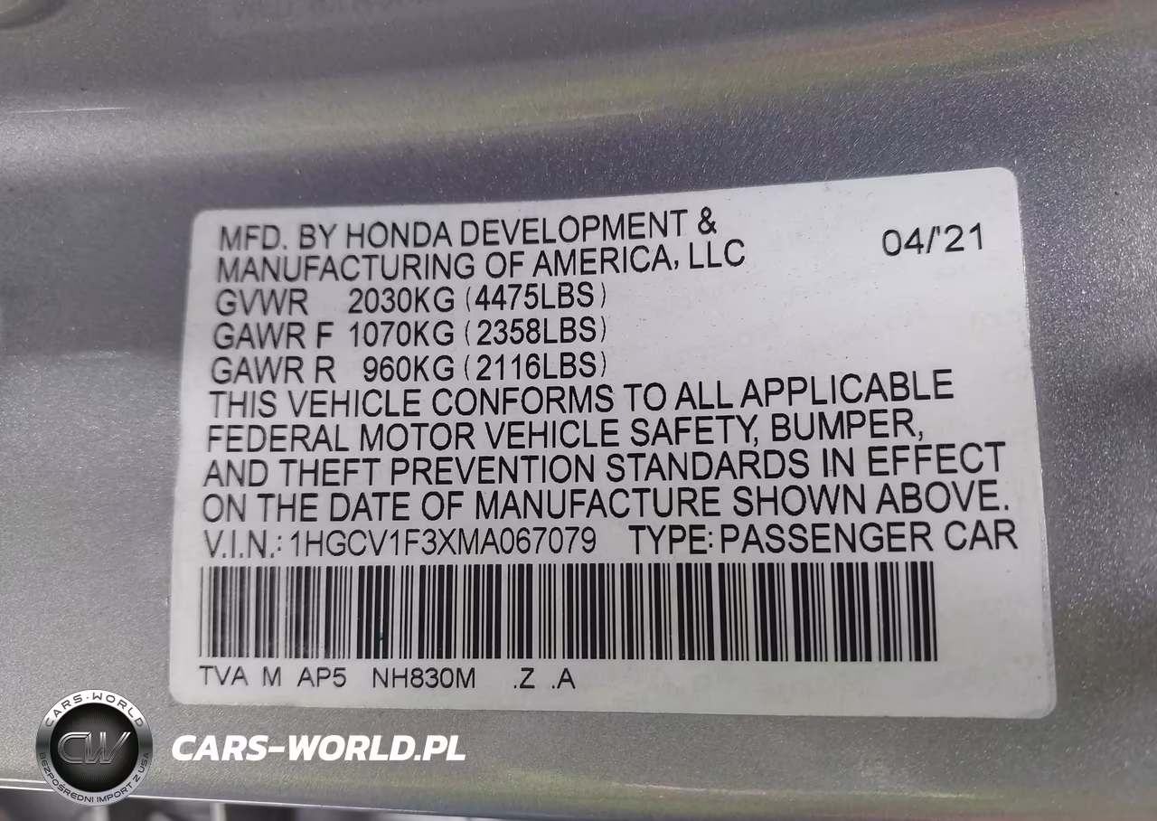 2021 Honda Accord Sport VIN:1HGCV1F3XMA067079 - 9