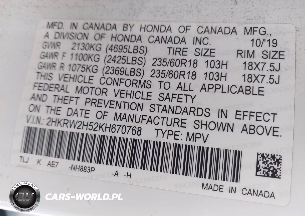 2019 Honda Cr-V Ex VIN:2HKRW2H52KH670768 - 9