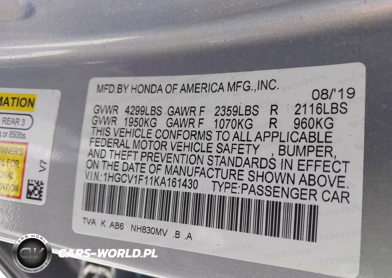2019 Honda Accord Lx VIN:1HGCV1F11KA161430 - 9