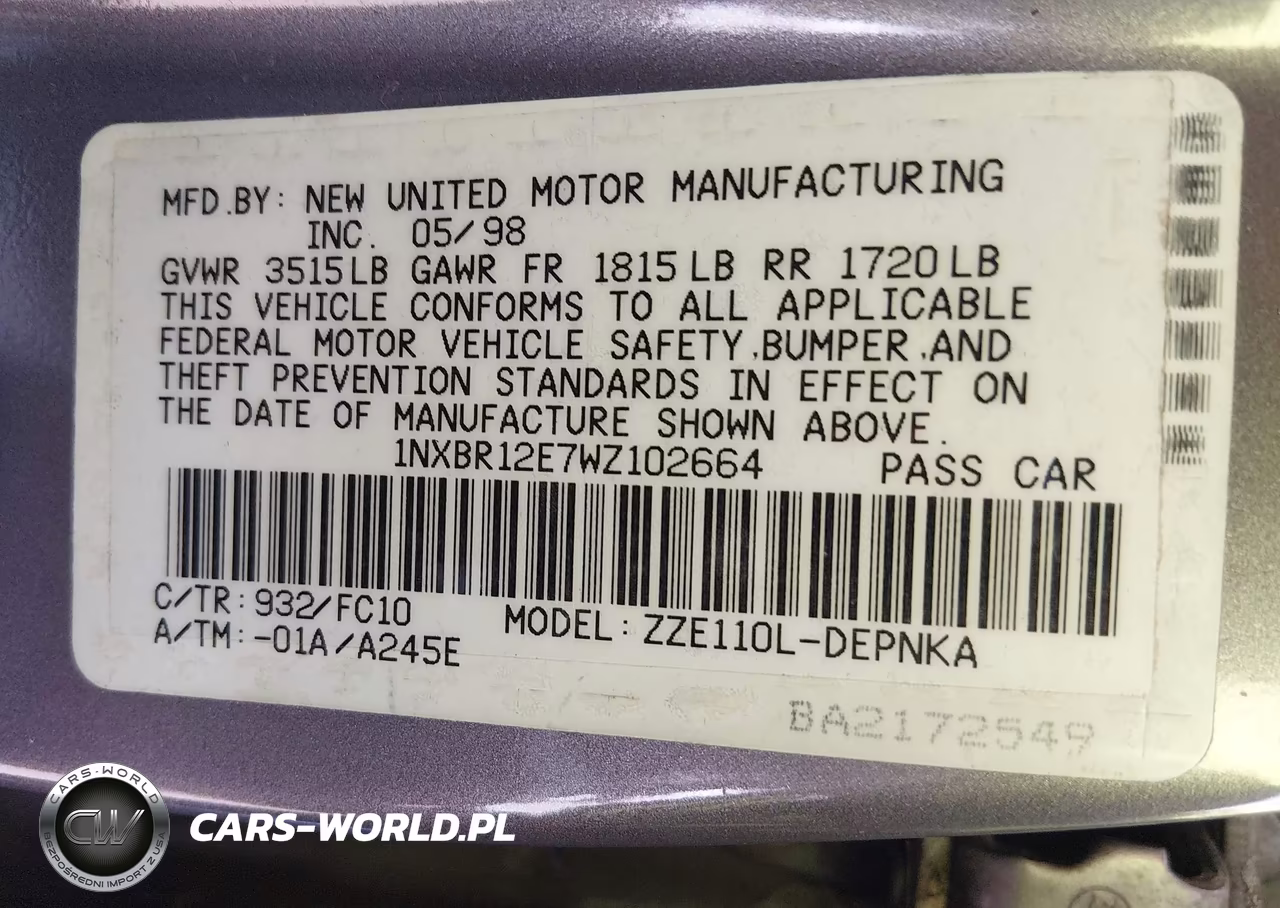 1998 Toyota Corolla Le VIN:1NXBR12E7WZ102664 - 9