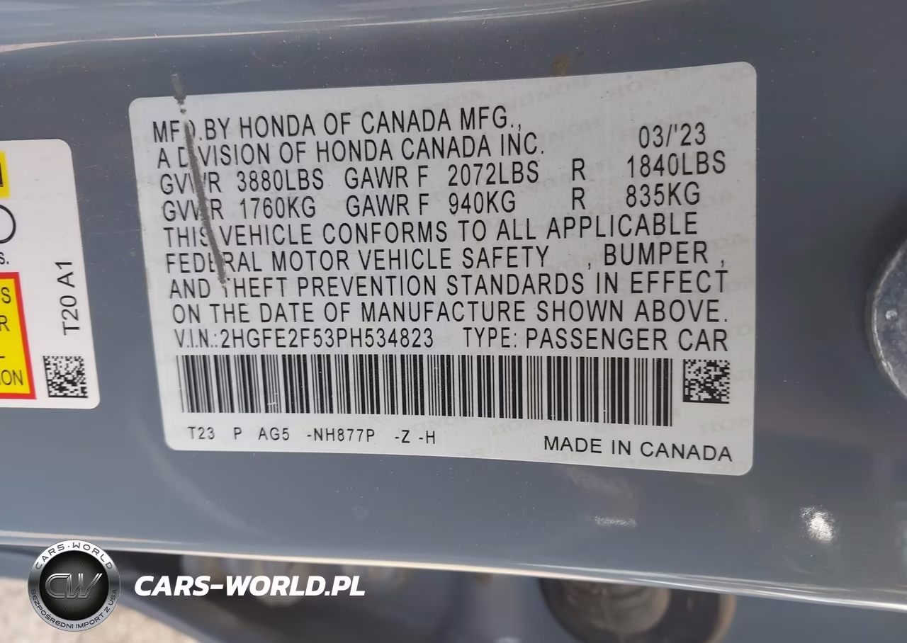 2023 Honda Civic Sport VIN:2HGFE2F53PH534823 - 9