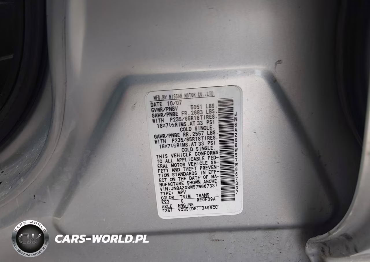 2007 Nissan Murano Sl VIN:JN8AZ08W57W667337 - 9