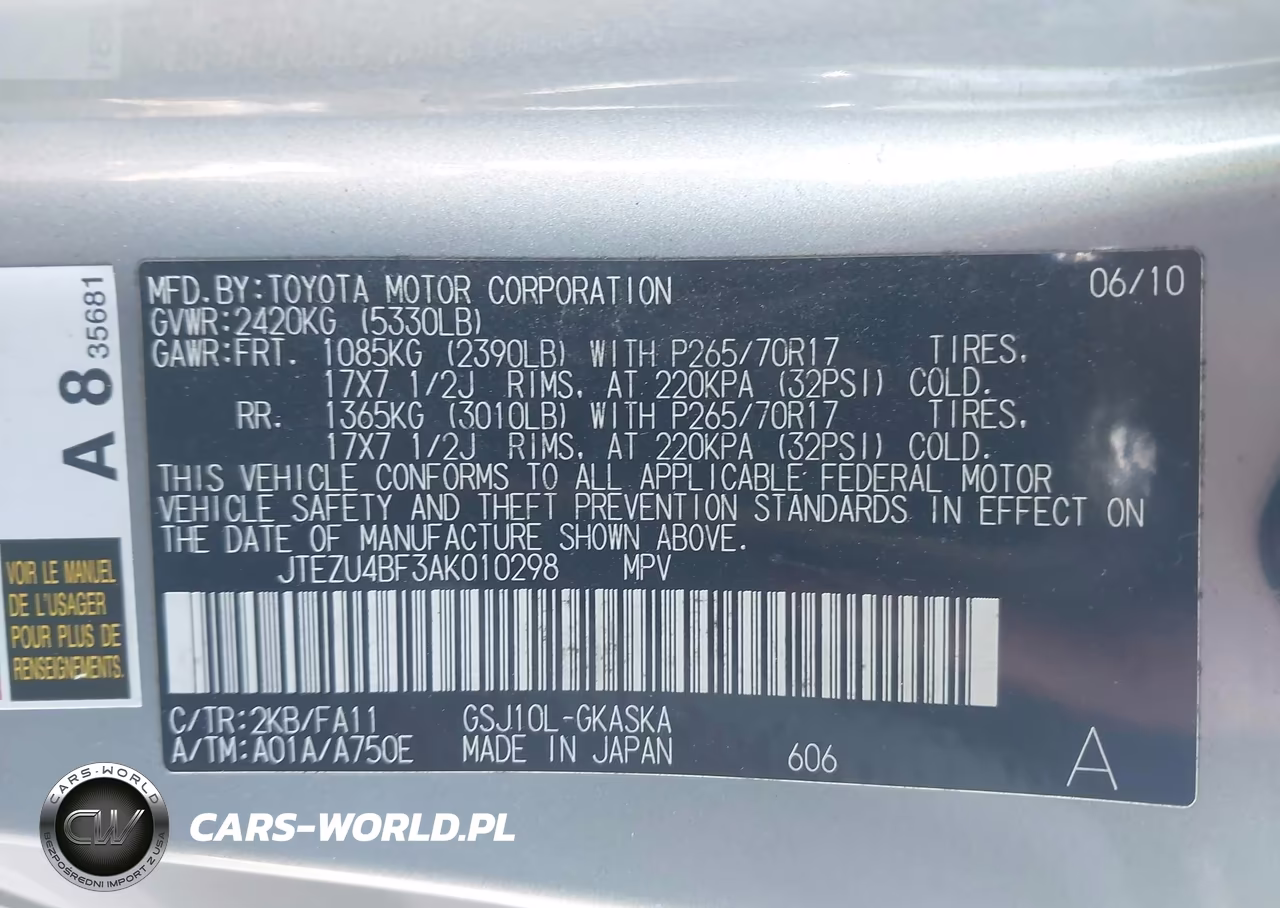 2010 Toyota Fj Cruiser VIN:JTEZU4BF3AK010298 - 9