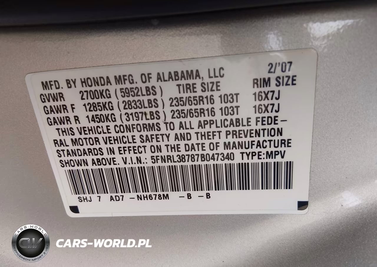 2007 Honda Odyssey Ex-L VIN:5FNRL38787B047340 - 9