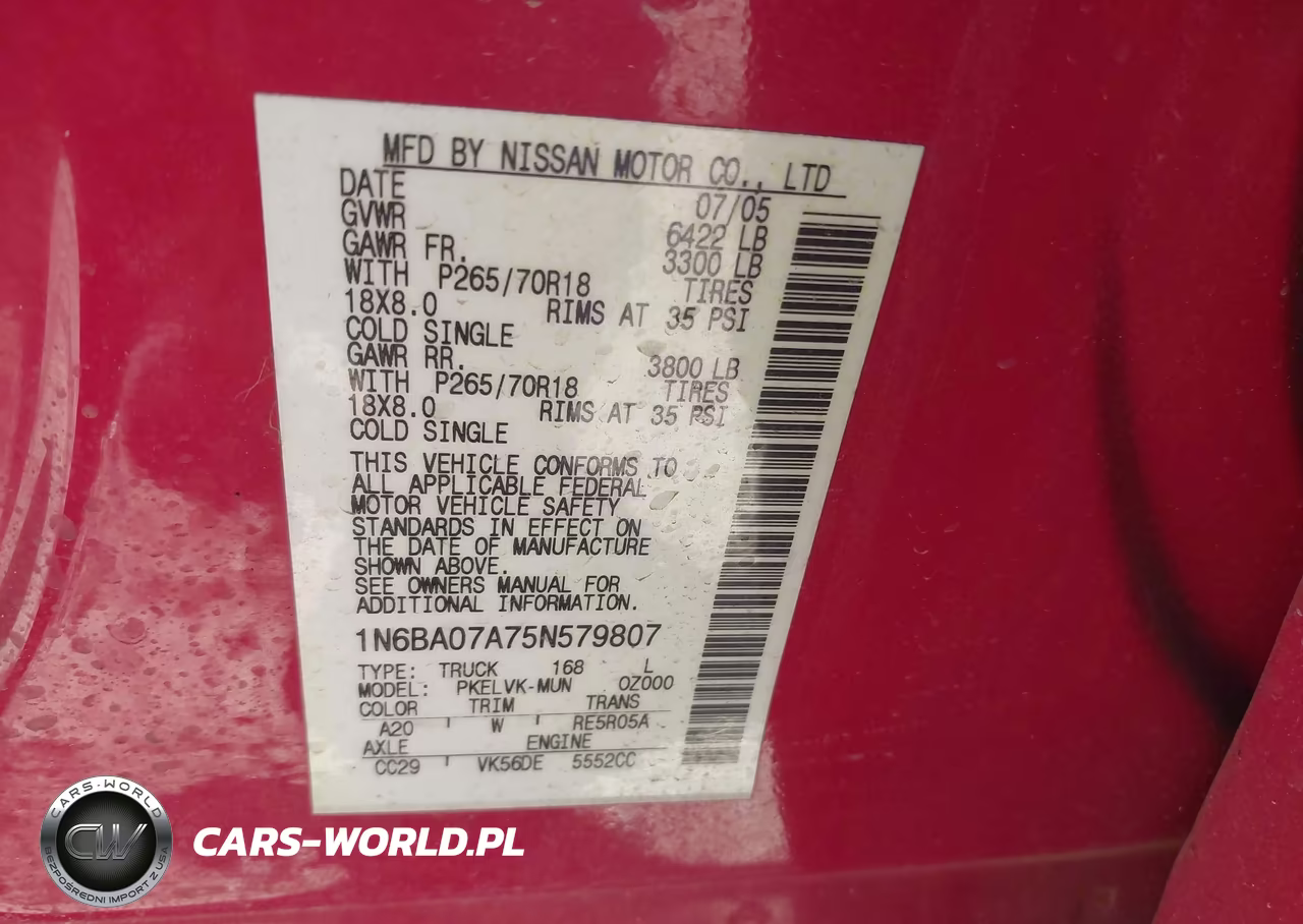 2005 Nissan Titan Le VIN:1N6BA07A75N579807 - 9