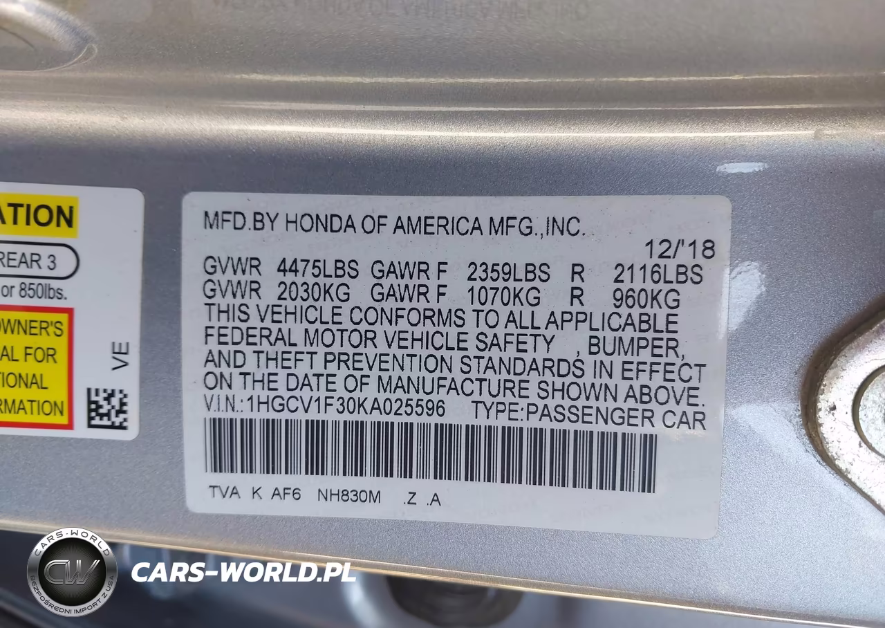 2019 Honda Accord Sport VIN:1HGCV1F30KA025596 - 9