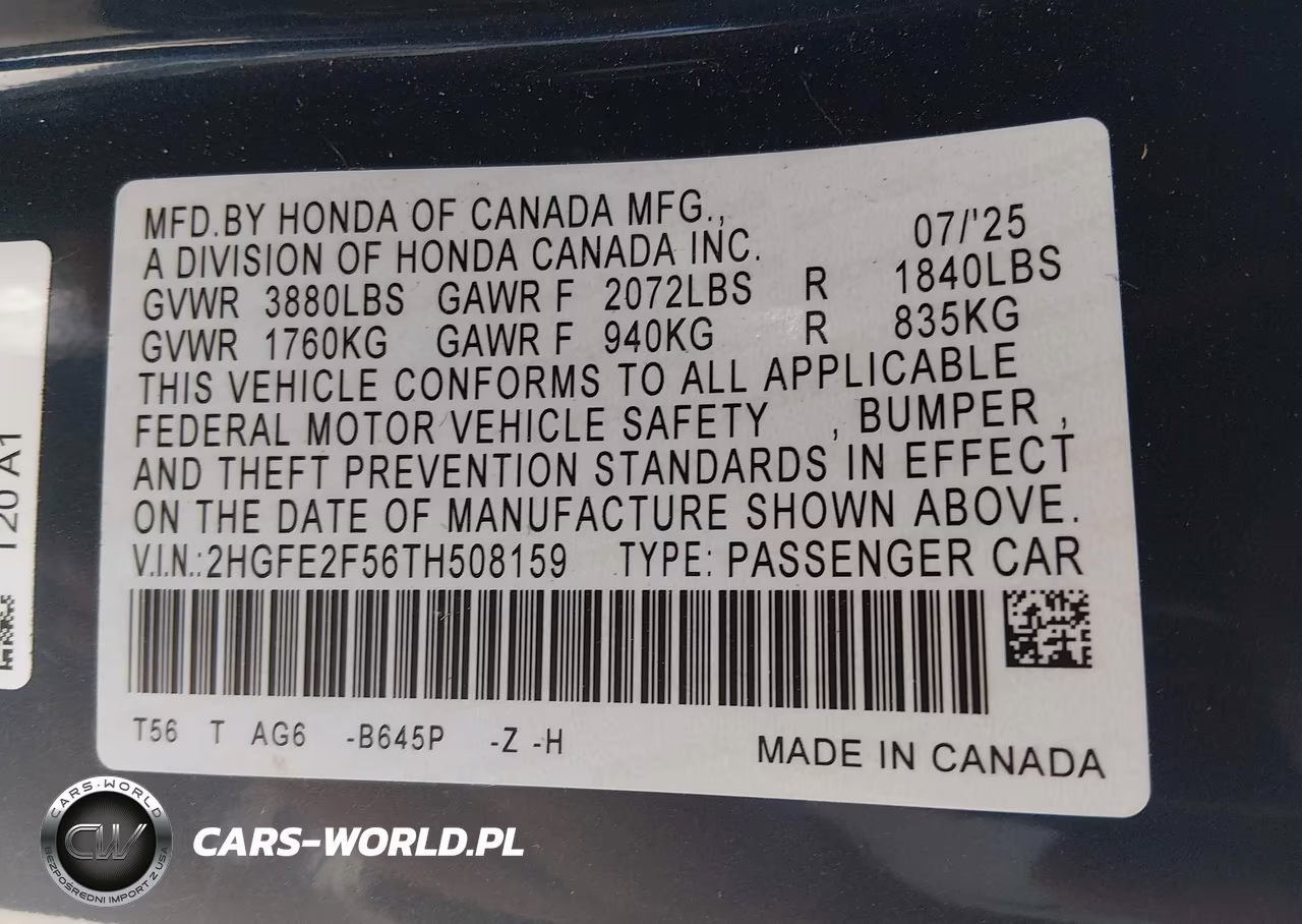 2026 Honda Civic Sport VIN:2HGFE2F56TH508159 - 9