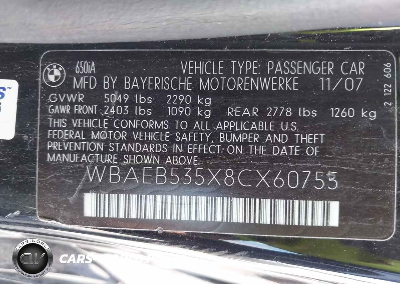 2008 BMW 650I VIN:WBAEB535X8CX60755 - 9