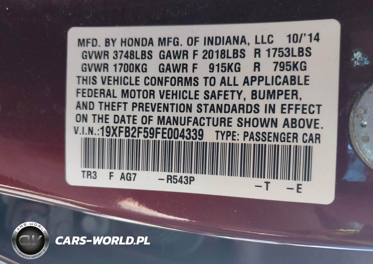 2015 Honda Civic Lx VIN:19XFB2F59FE004339 - 9