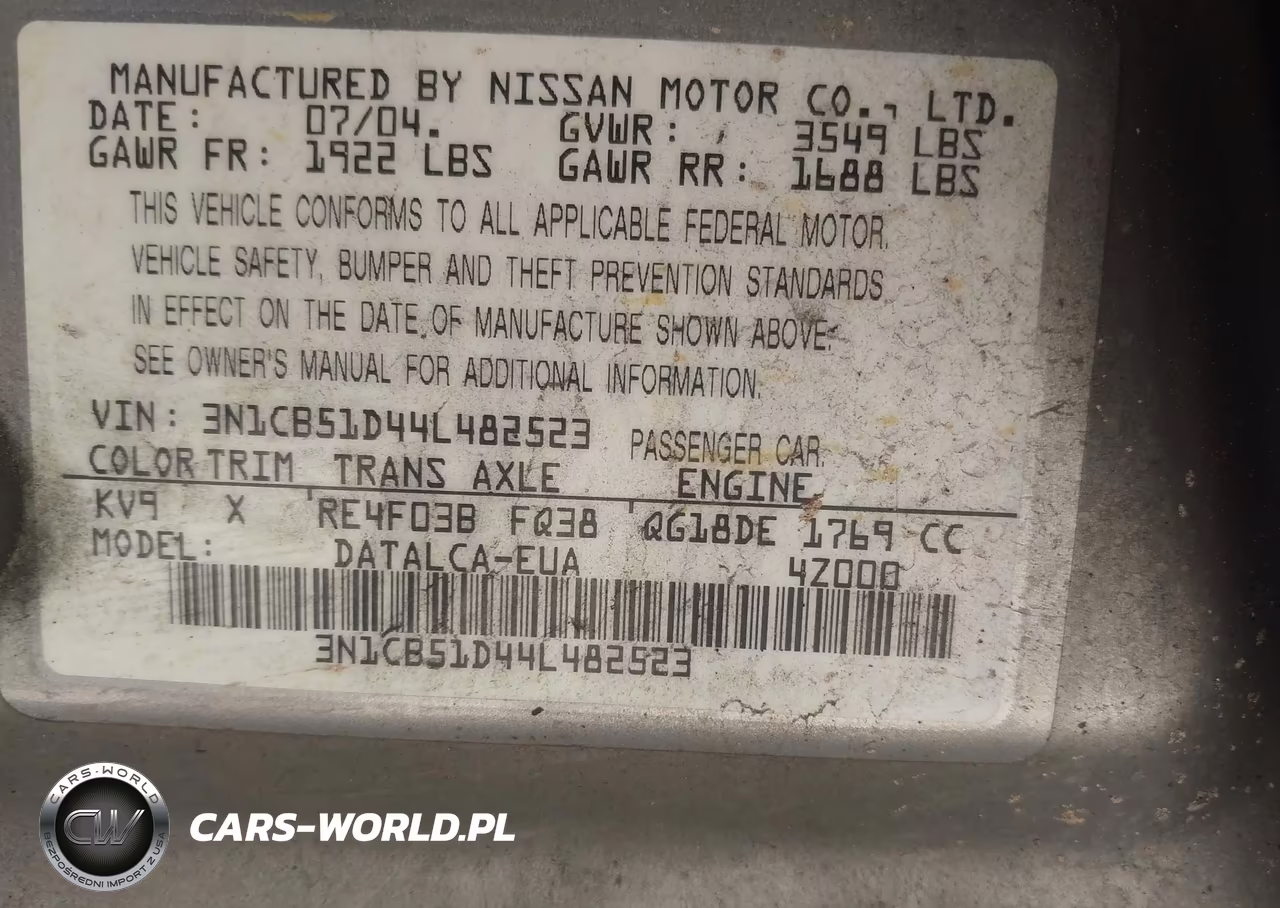 2004 Nissan Sentra 1.8 VIN:3N1CB51D44L482523 - 9