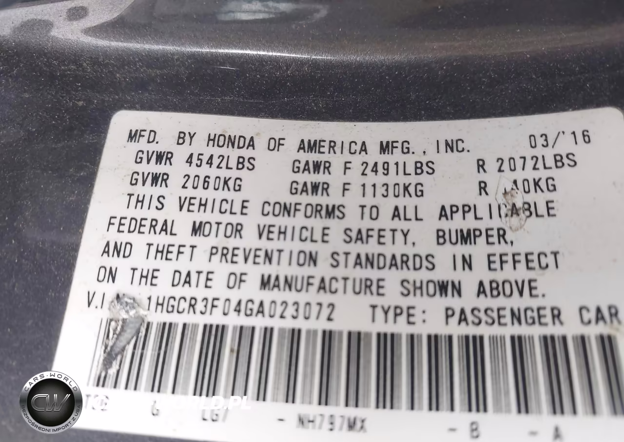 2016 Honda Accord Ex-L V-6 VIN:1HGCR3F04GA023072 - 9