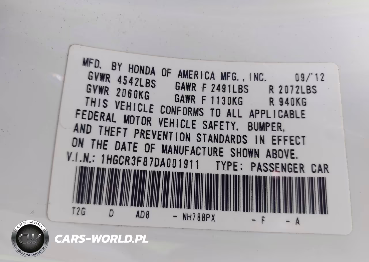 2013 Honda Accord Ex-L V-6 VIN:1HGCR3F87DA001911 - 9