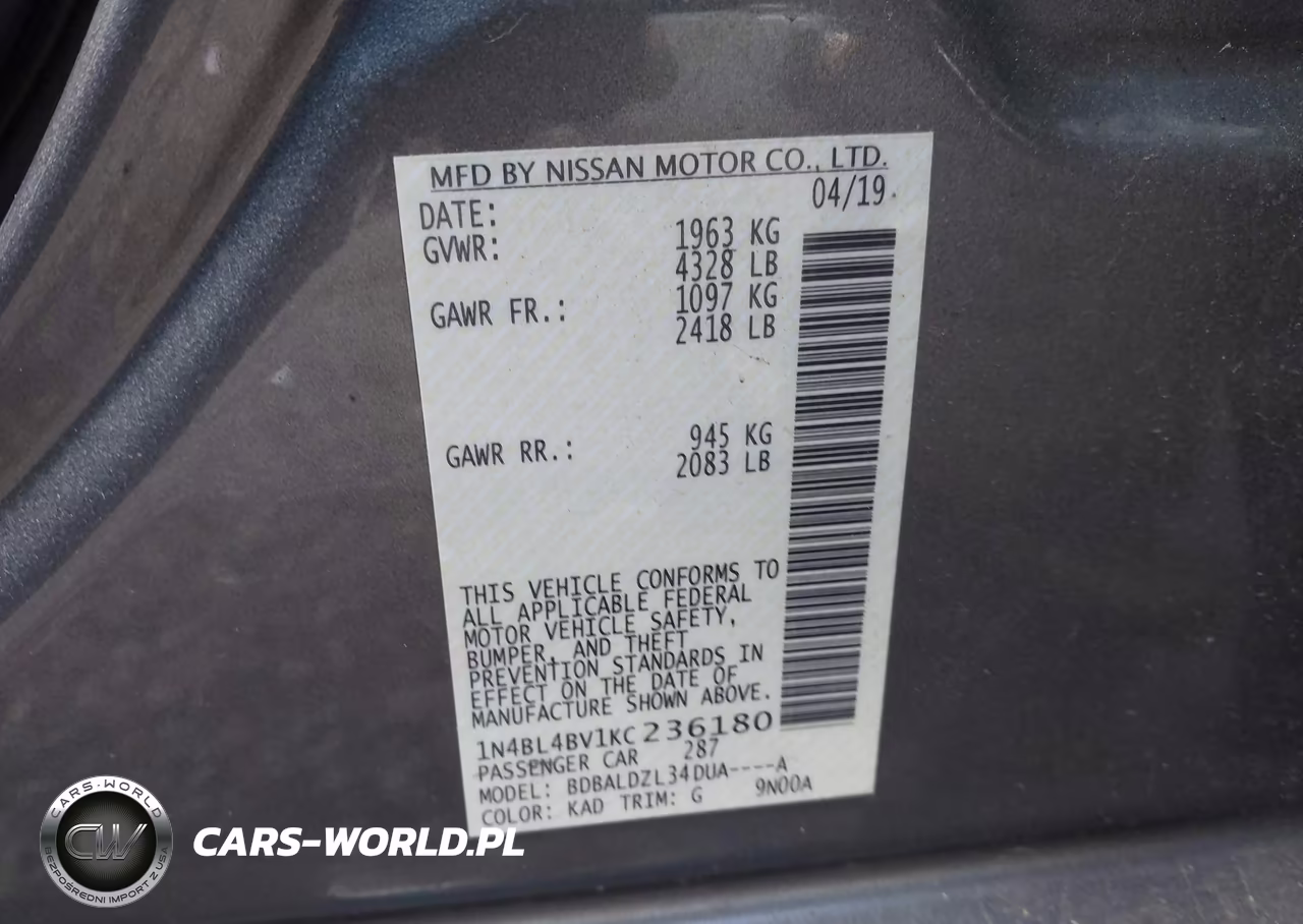 2019 Nissan Altima 2.5 S VIN:1N4BL4BV1KC236180 - 9