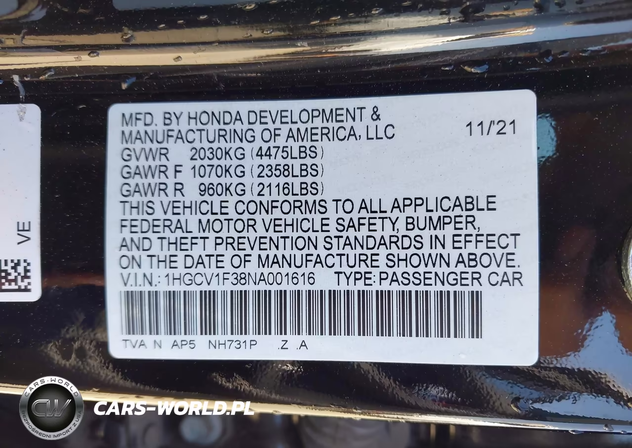 2022 Honda Accord Sport VIN:1HGCV1F38NA001616 - 9