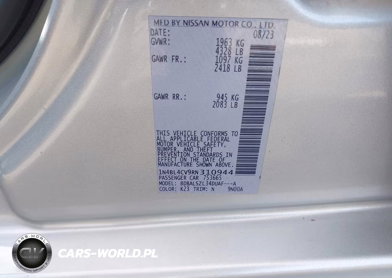 2024 Nissan Altima Sr Fwd VIN:1N4BL4CV9RN310944 - 9
